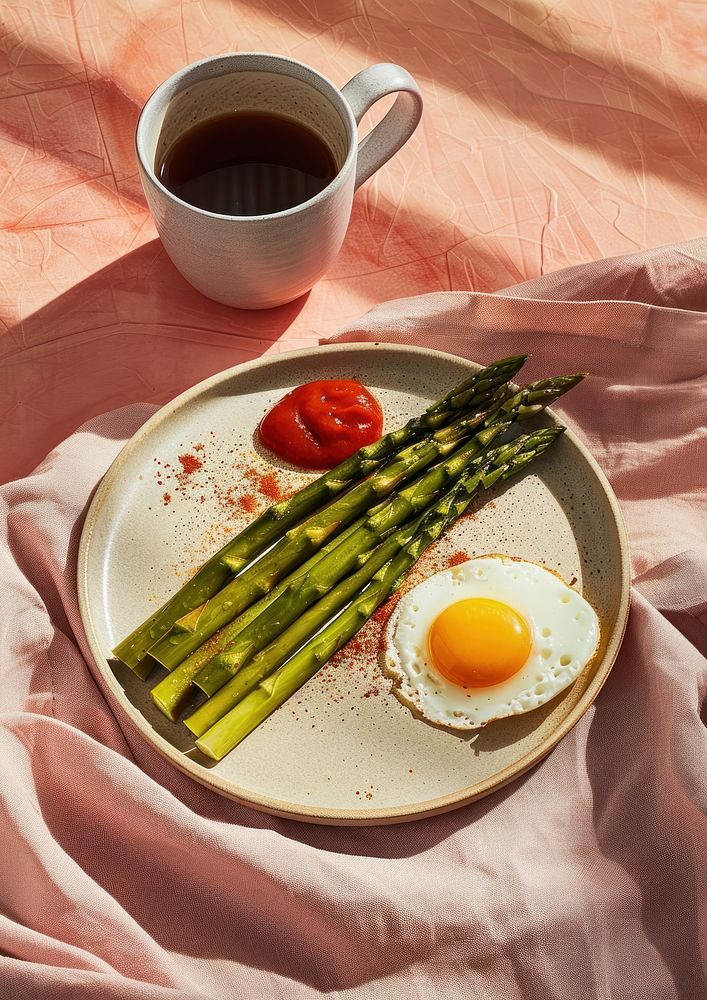 Asparagus with an egg and ketchup on the side in a beige plate food mug cup.