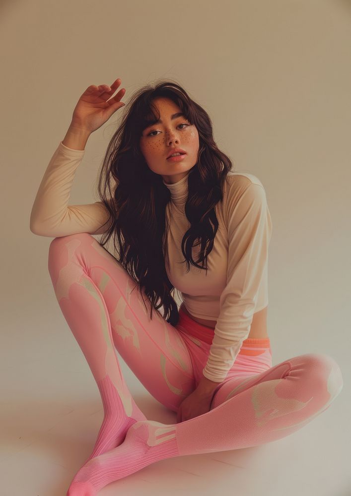 An attractive woman sitting on the floor wearing pink tights and a long-sleeved top clothing apparel hosiery.