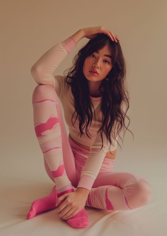 An attractive woman sitting on the floor wearing pink tights and a long-sleeved top photo face hand.