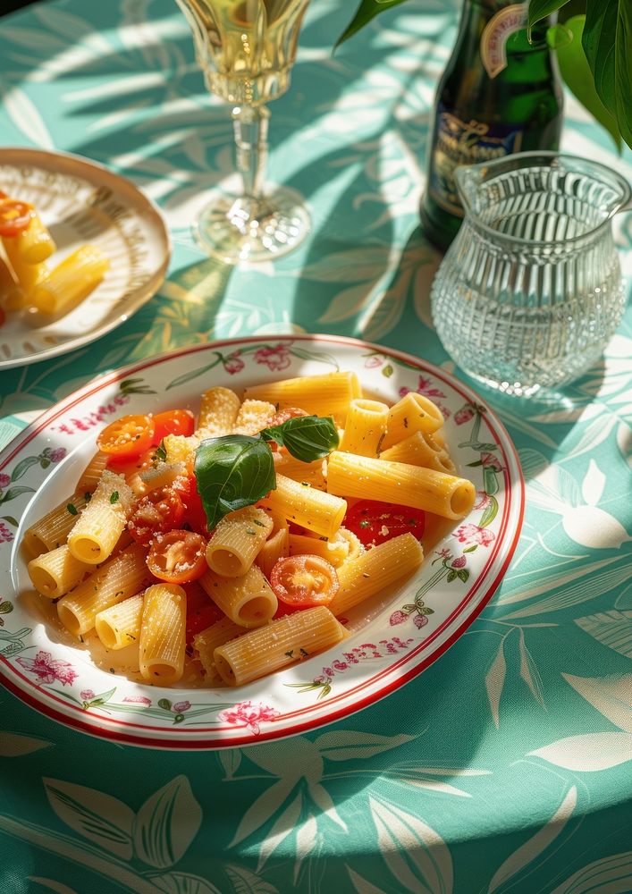 Rigatoni with tomatoes and parmesan on an elegant white oval plate with red trim brunch pasta food.
