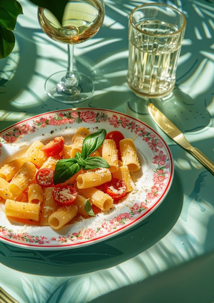 Rigatoni with tomatoes and parmesan on an elegant white oval plate with red trim table furniture produce.