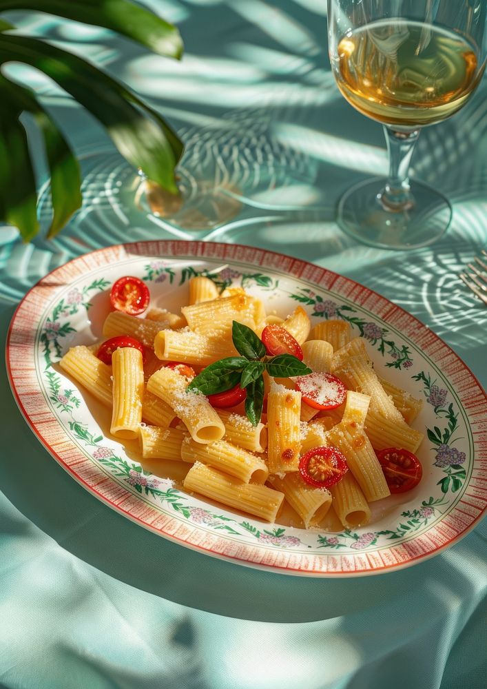 Rigatoni with tomatoes and parmesan on an elegant white oval plate with red trim pasta food food presentation.