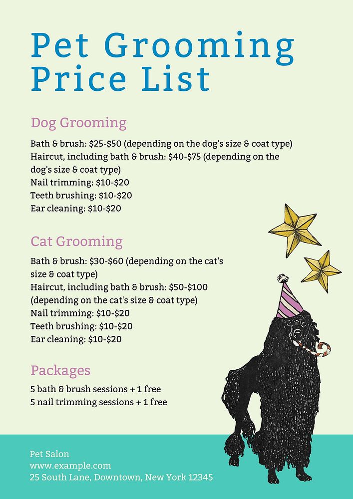 Pet grooming prices poster template and design