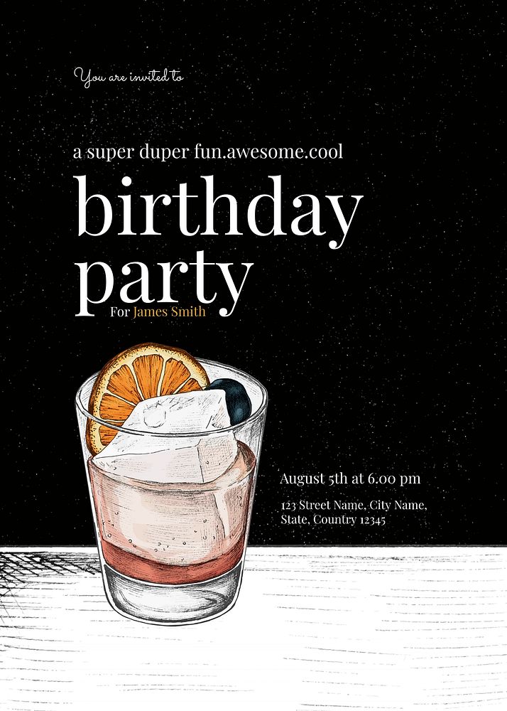 Black birthday invitation card template, cocktail glass design