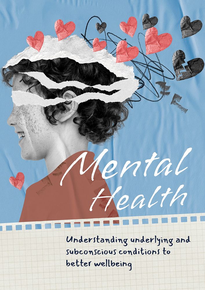 Mental health poster template, surreal paper collage design