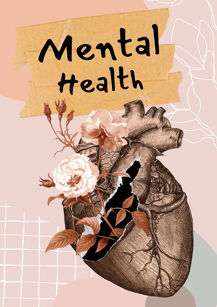 Mental health poster template, floral surrealism design 
