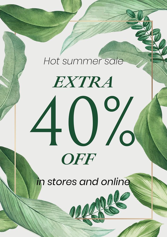 Summer sale poster template, tropical leaves