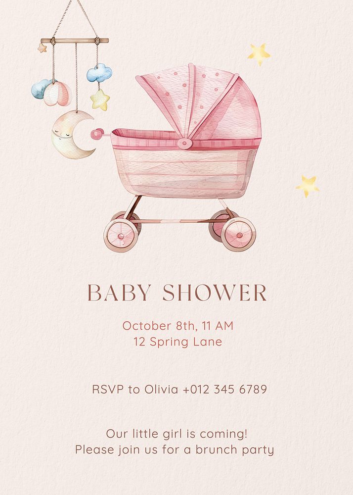 Baby shower invitation card template, watercolor design
