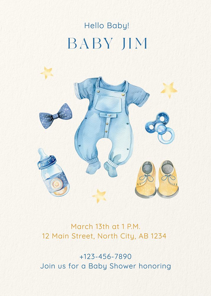 Baby shower invitation card template, watercolor design