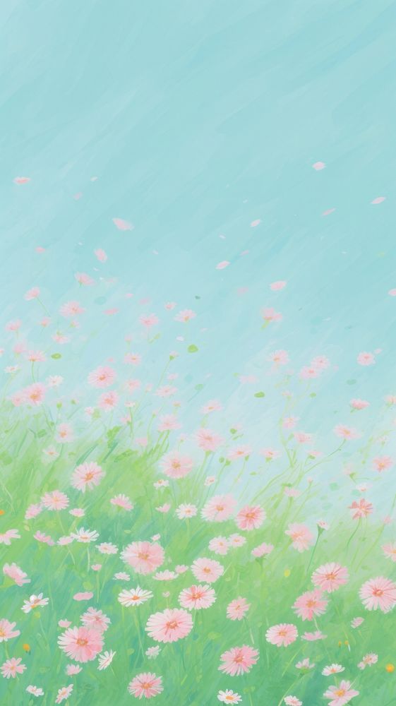 Green meadow and blooming flowers asteraceae outdoors painting.