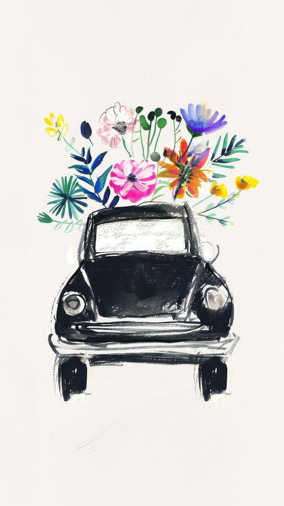 Black wedding car flower transportation illustrated.