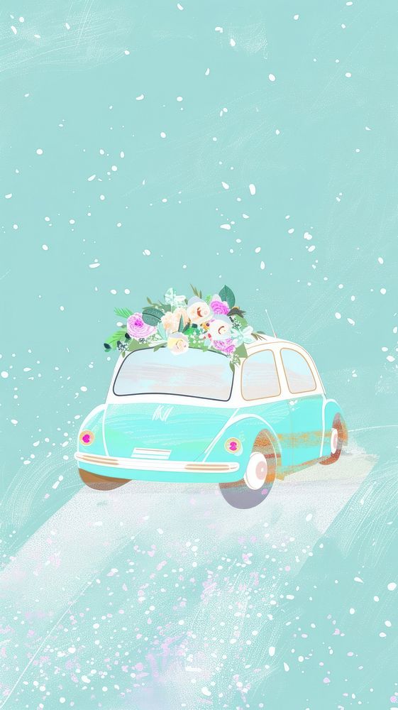 Mint wedding car flower transportation illustrated.