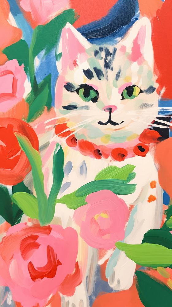 Cat with flowers painting art graphics.