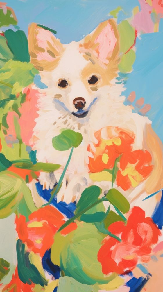 Dog with flowers painting art animal.