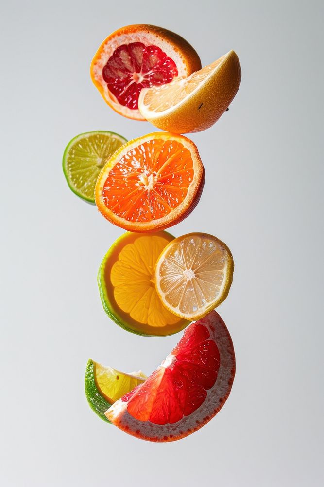 Vibrant citrus fruits in midair