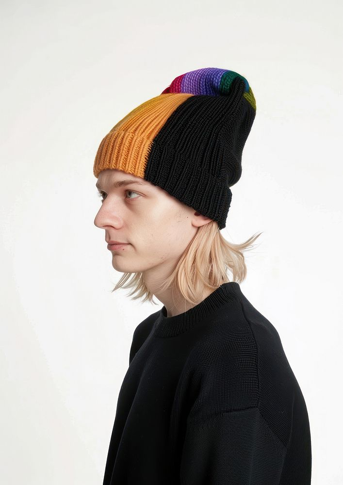 Colorful knit beanie on model