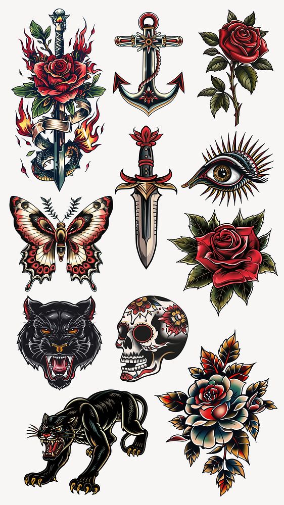 old school tattoo element set