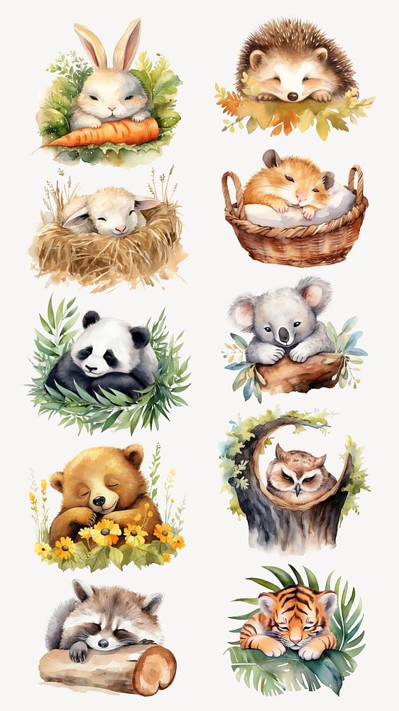 Watercolor sleeping animal illustration design element set