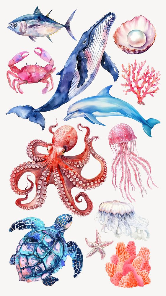 Watercolor sea life element set