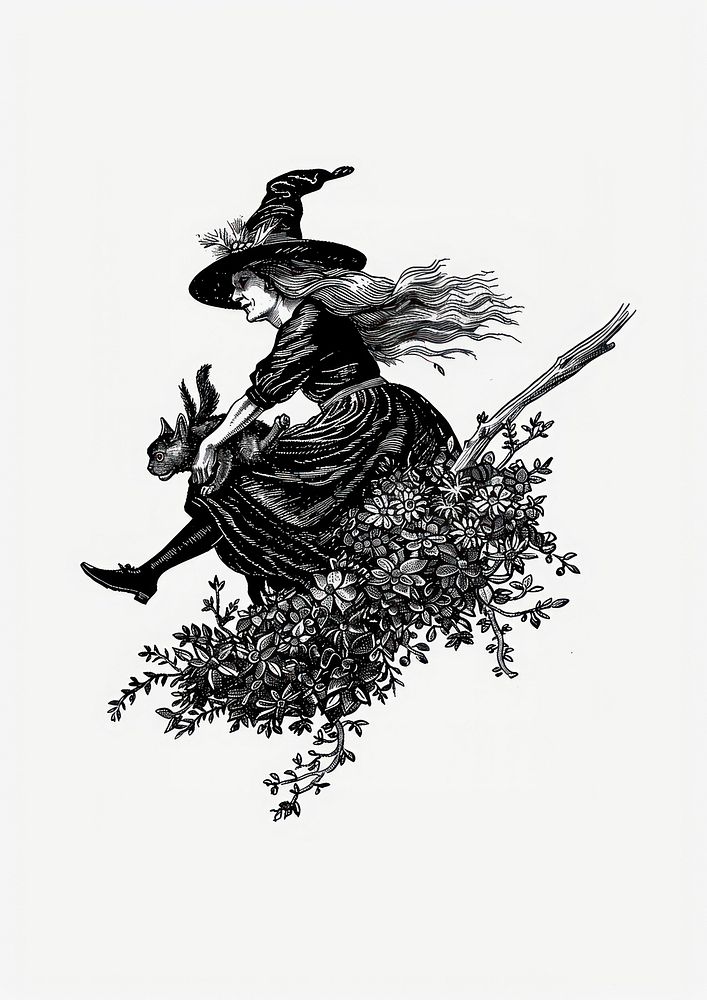 Vintage witch riding broomstick illustration