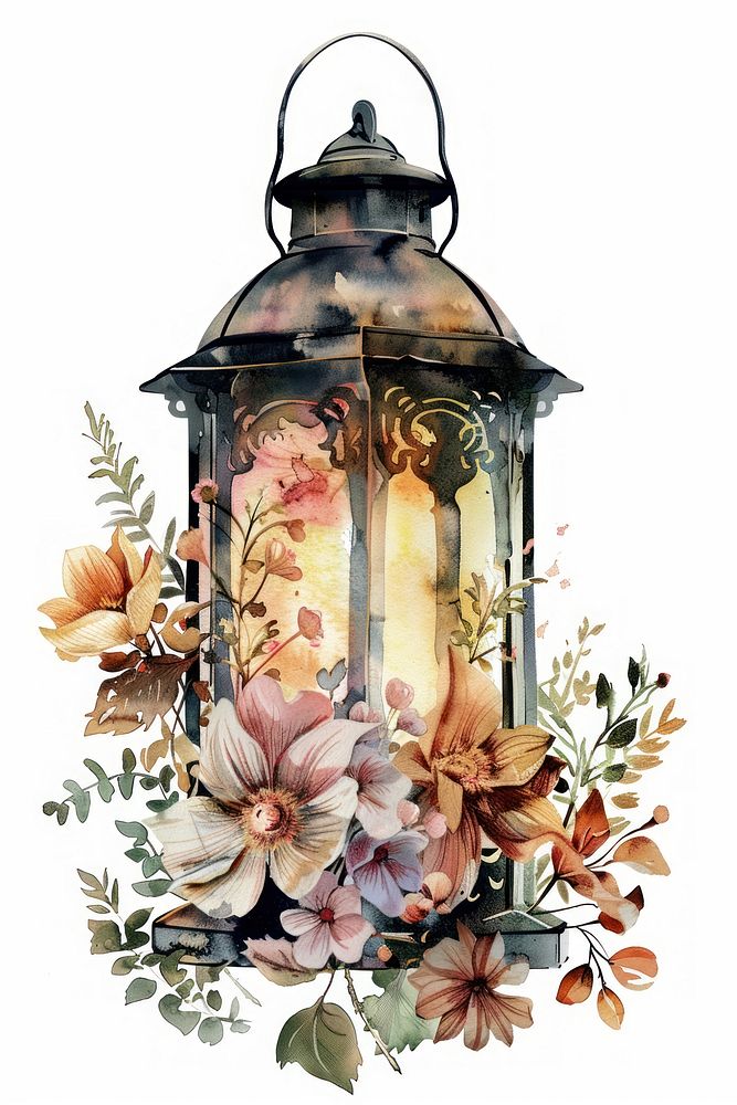 Watercolor dark academia tlantern hydrant lamp art.