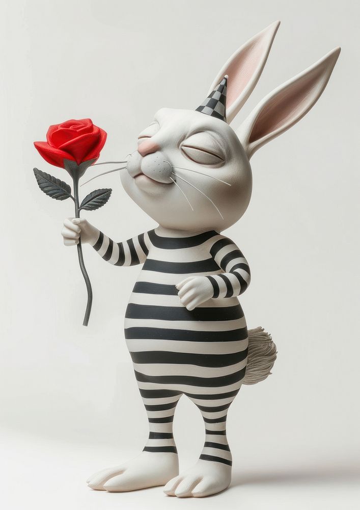 Whimsical rabbit holding red rose