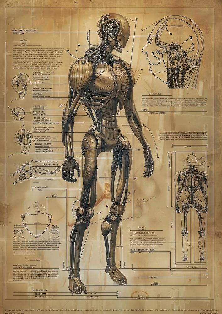 Futuristic robotic anatomy blueprint illustration