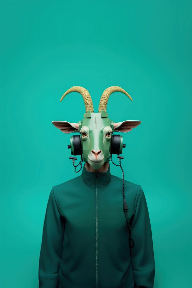 Surreal goat wearing headphones