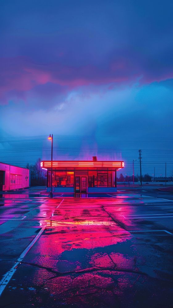 Neon-lit diner at dusk