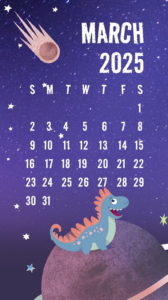 Dinosaurthemed March 2025 calendar mobile Free Vector Template rawpixel