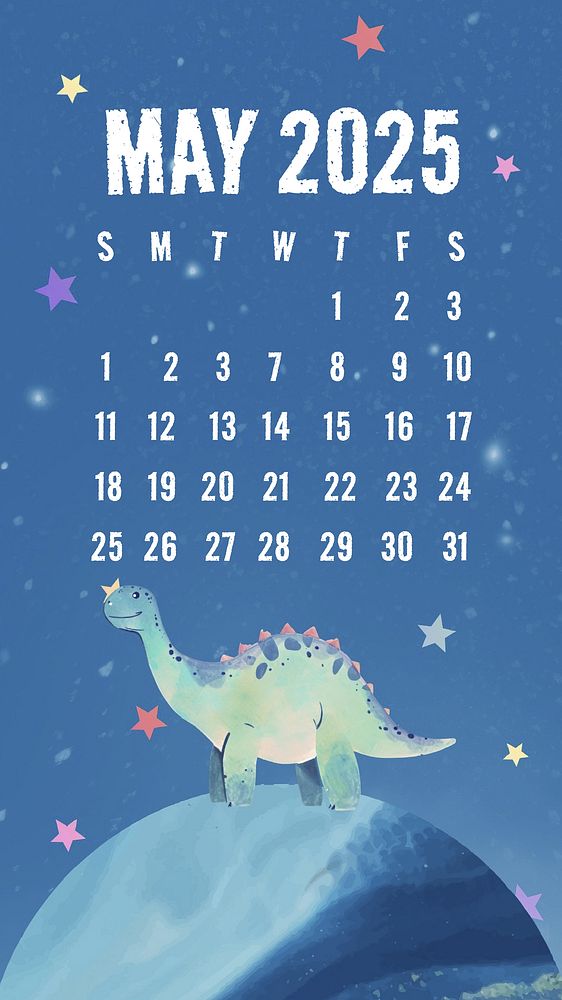 Dinosaur May 2025 calendar mobile Free Vector Template rawpixel