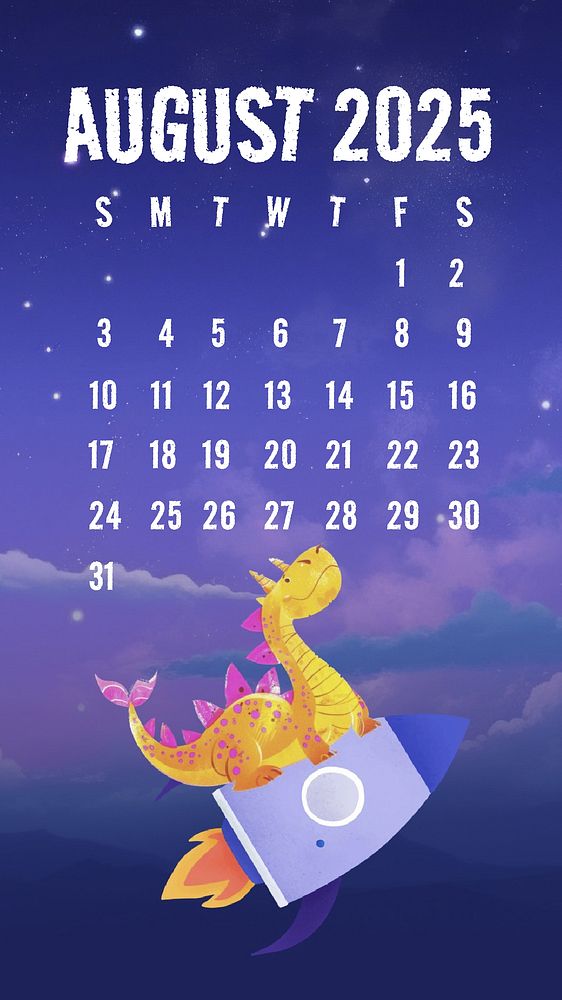 August 2025 calendar dinosaur rocket mobile wallpaper template vector