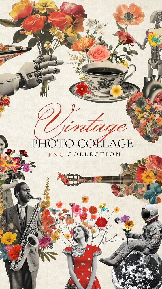 Vintage people flower collage design element set