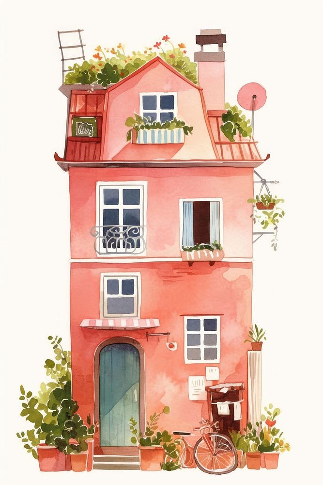 Cozy Nordic Apartment house illustration watercolor bicycle.