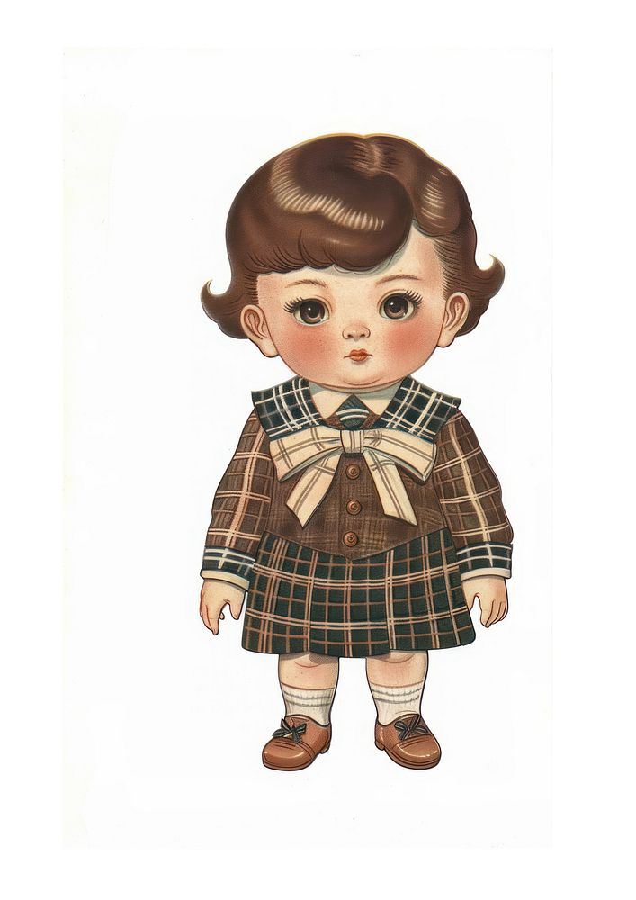 Vintage doll illustration in plaid