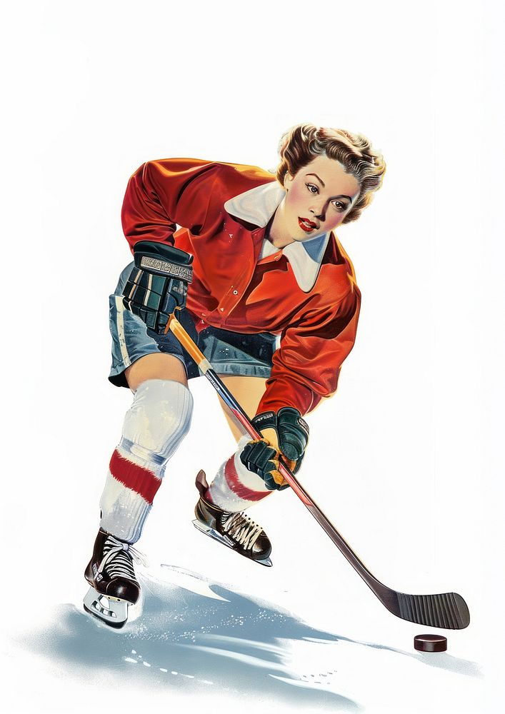 Woman playing ice hockey skating sports rink.