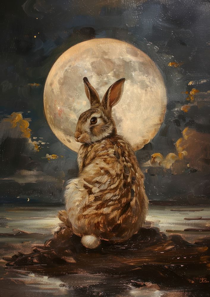 Rabbit moonlit night painting | Free Photo Illustration - rawpixel