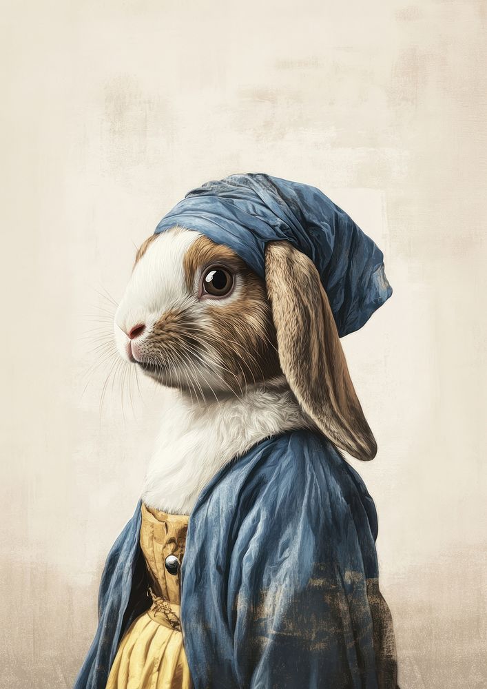 A Holland Lop wearing with a Girl with a Pearl Earring animal painting portrait.