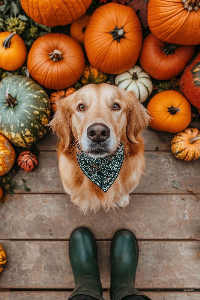 Dog with pumpkins autumn decor