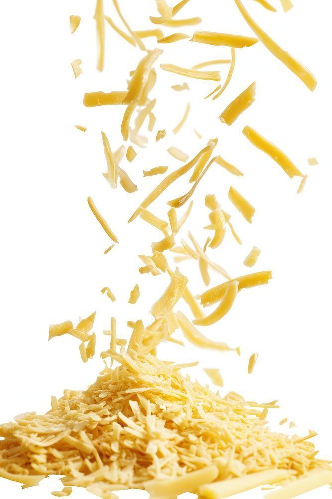 Falling grated cheese background falling white.