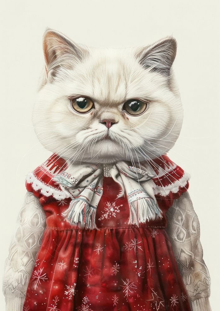 An exotic shorthair cat wears christmas theme dress painting animal human.