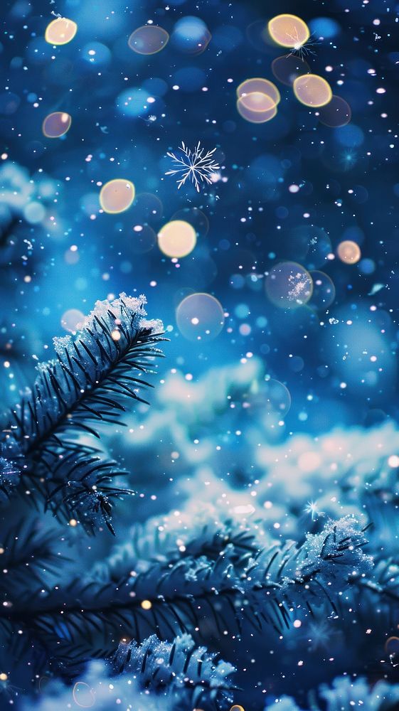 A blue background with snowflakes and bokeh lights christmas outdoors festival.