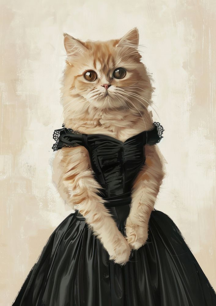 A female orange persian shorthair cat wearing a spaghetti strap dress black dress as in painting Madame X by Singer Sargent…