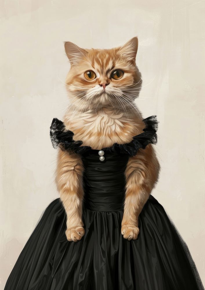 A female orange persian shorthair cat wearing a spaghetti strap dress black dress as in painting Madame X by Singer Sargent…