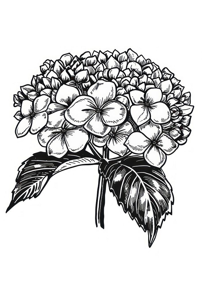 Detailed black-and-white hydrangea illustration