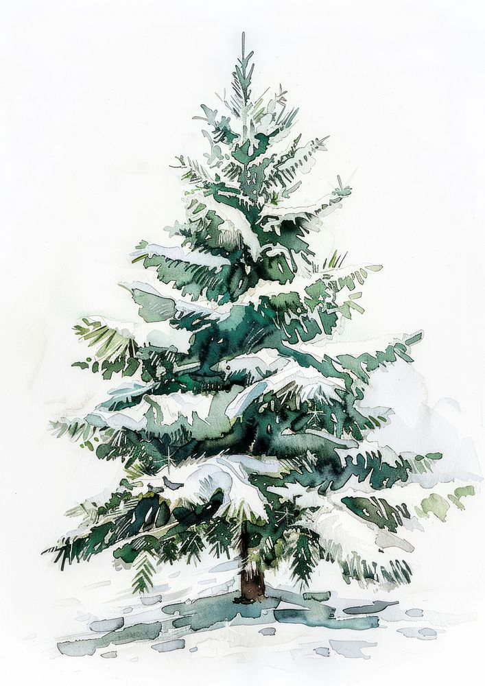 Snow-covered watercolor Christmas tree