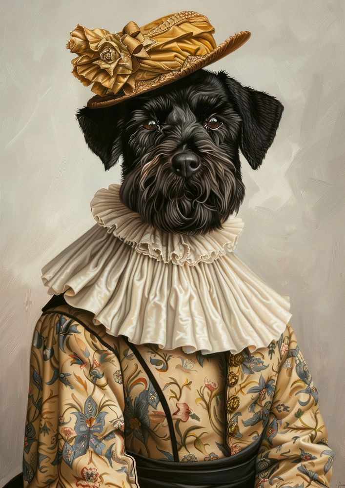 Black Russian Terrier costumes wearing vintage villager fashion outfit portrait painting clothing.