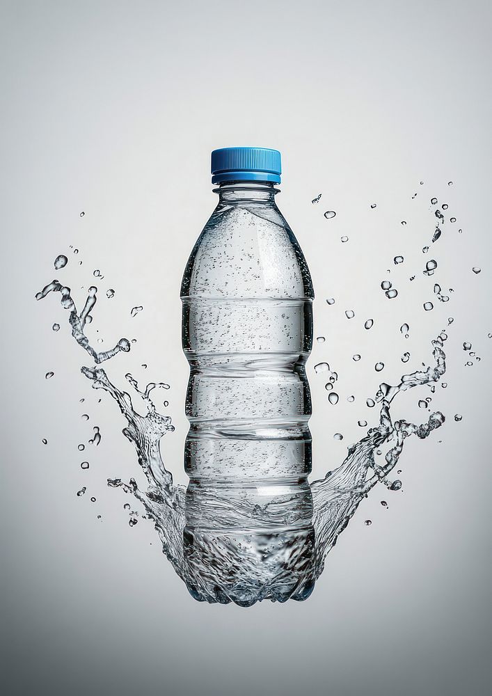 A water bottle surrounding with water splash around the transparent water bottle with blue lid minimalist background…