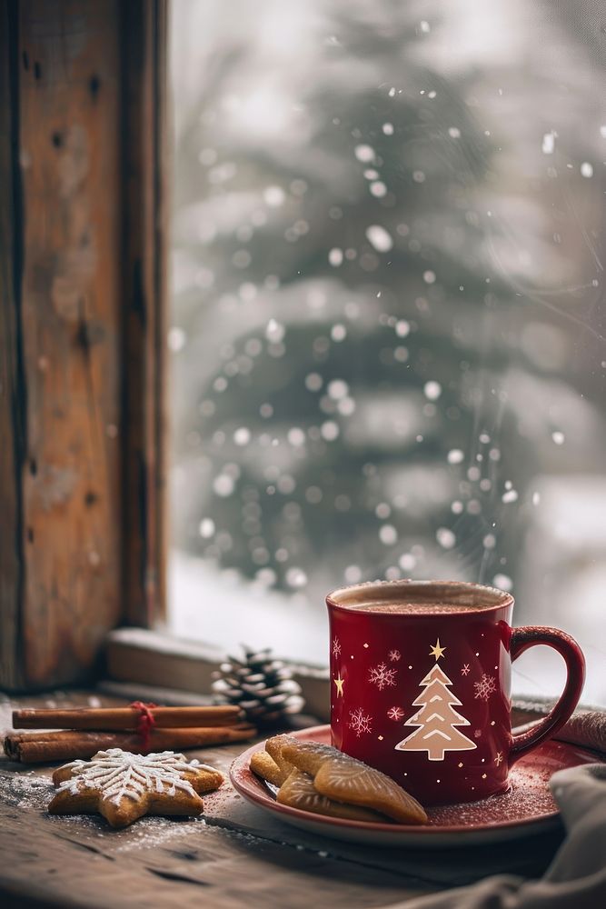 Christmas red mug window gingerbread chocolate.