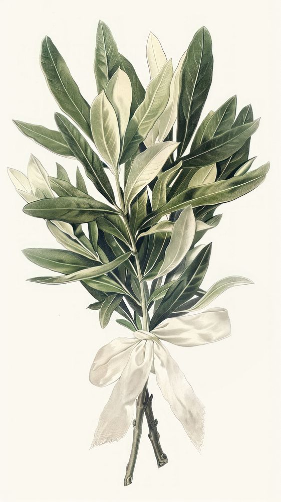 Vintage botanical illustration leaves leaf ribbon.